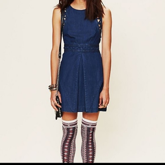 Free People New Romantics Denim Lattice Dress Size 0 - Picture 12 of 14